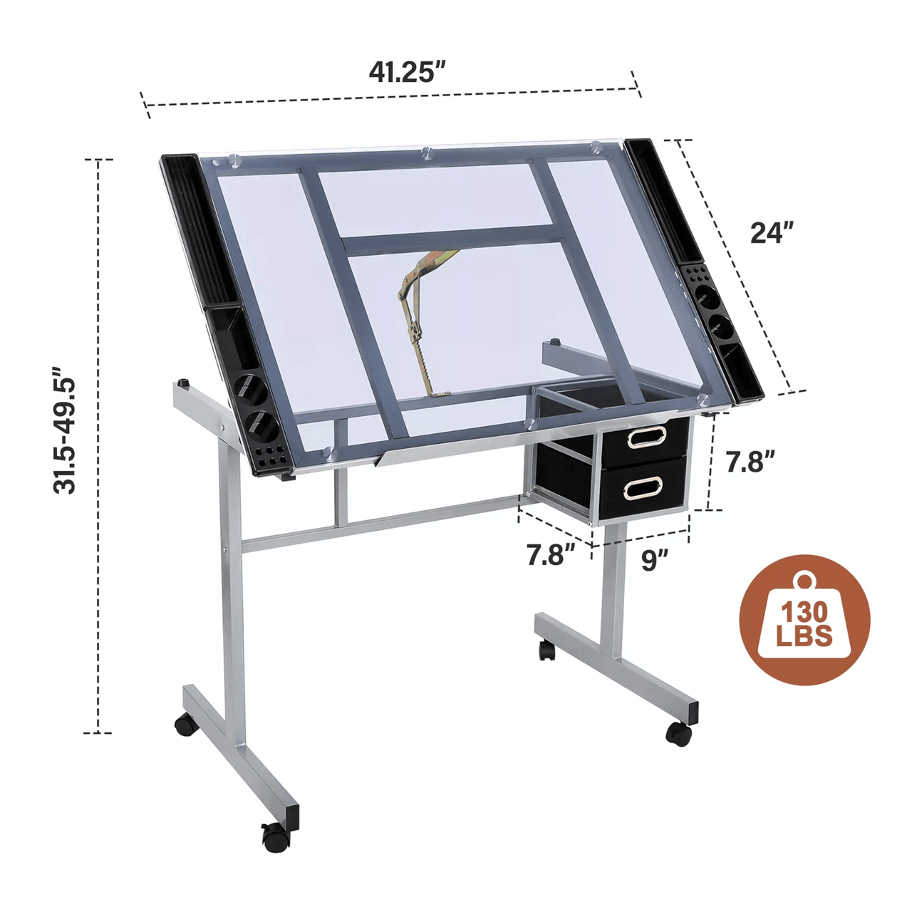 Adjustable Rolling Drafting Table with Tempered Glass Top for Art Craft and Design Workstation