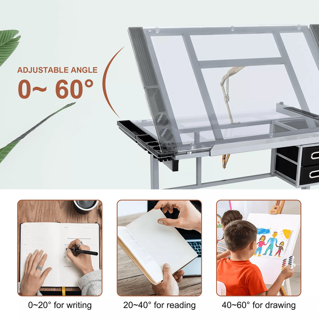 Adjustable Rolling Drafting Table With Tempered Glass Top For Art Craft And Design Workstation 2