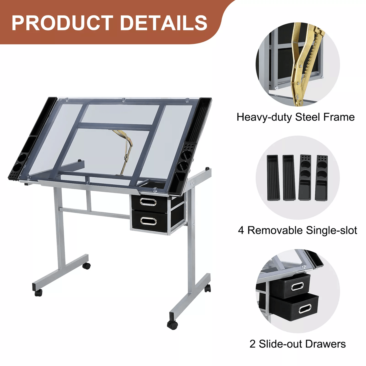 Adjustable Rolling Drafting Table With Tempered Glass Top For Art Craft And Design Workstation 3