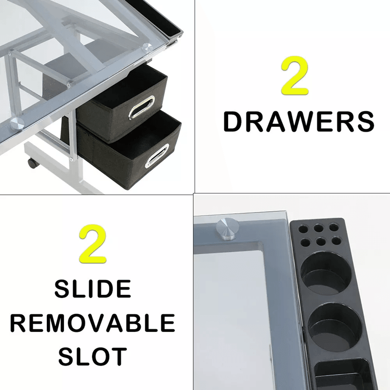 Adjustable Rolling Drafting Table With Tempered Glass Top For Art Craft And Design Workstation 7