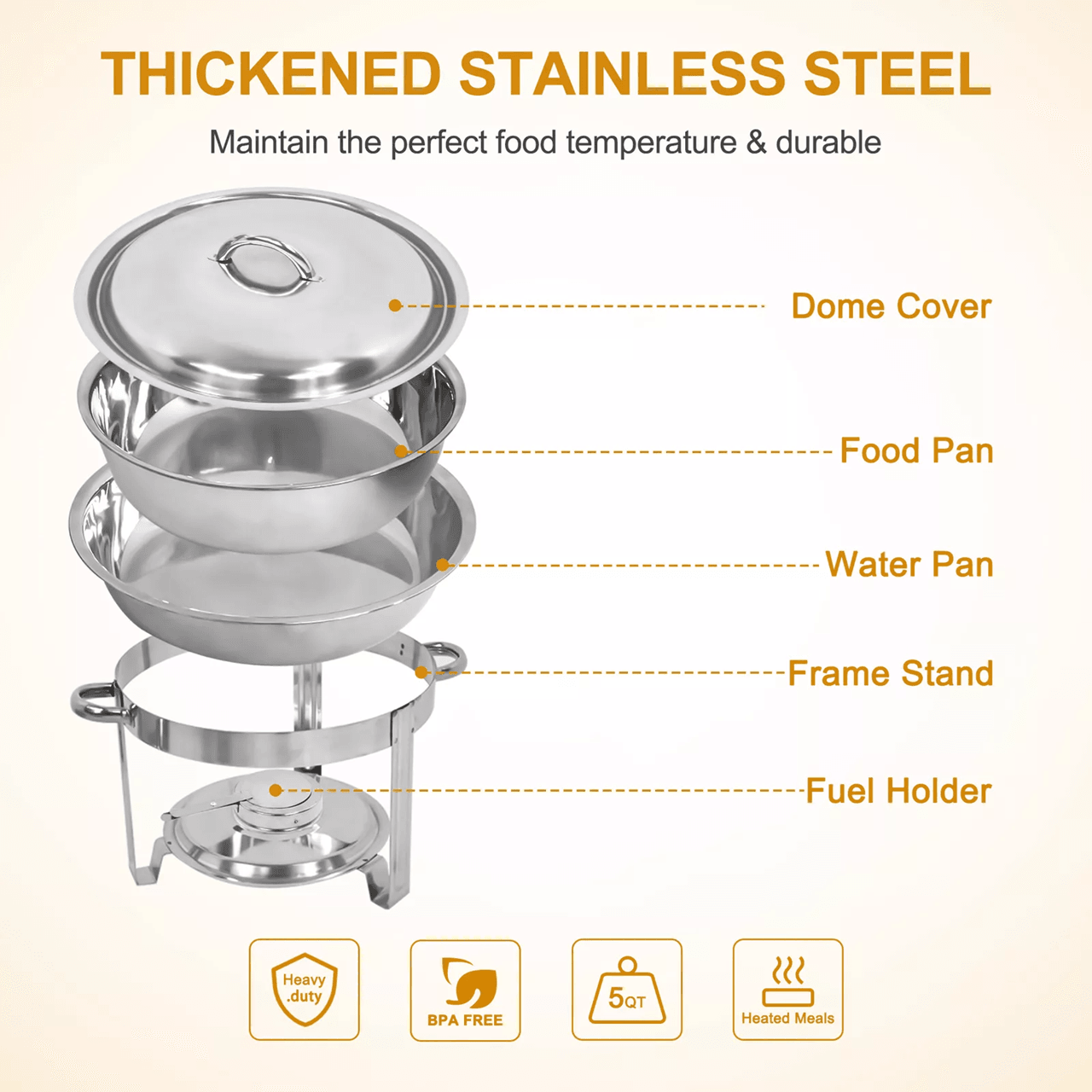2 Pack 5 Quart Stainless Steel Round Chafing Dishes For Buffet And Catering Events 1