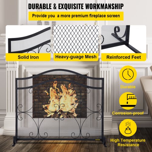 Heavy Duty Fireplace Screen, Freestanding Iron Spark Guard with Broom, Tong, Shovel & Poker, Metal Mesh, Fire Screen