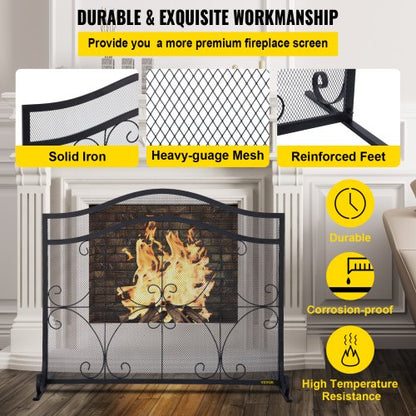 Heavy Duty Fireplace Screen, Freestanding Iron Spark Guard with Broom, Tong, Shovel & Poker, Metal Mesh, Fire Screen