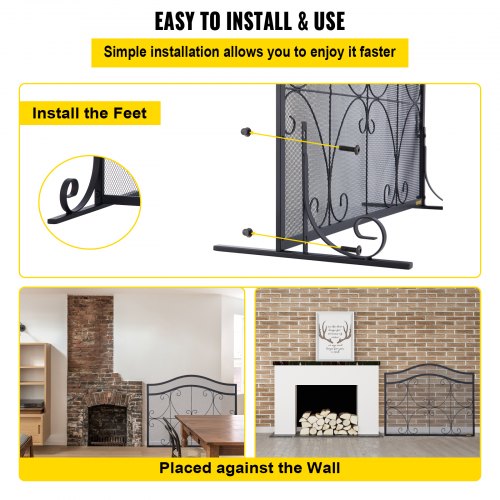 Heavy Duty Fireplace Screen, Freestanding Iron Spark Guard with Broom, Tong, Shovel & Poker, Metal Mesh, Fire Screen
