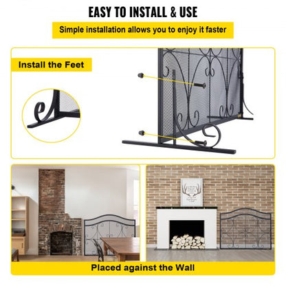 Heavy Duty Fireplace Screen, Freestanding Iron Spark Guard with Broom, Tong, Shovel & Poker, Metal Mesh, Fire Screen