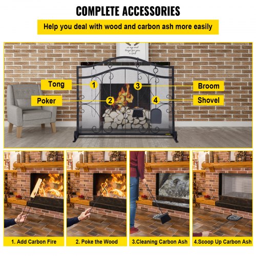 Heavy Duty Fireplace Screen, Freestanding Iron Spark Guard with Broom, Tong, Shovel & Poker, Metal Mesh, Fire Screen