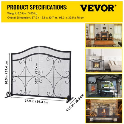 Heavy Duty Fireplace Screen, Freestanding Iron Spark Guard with Broom, Tong, Shovel & Poker, Metal Mesh, Fire Screen