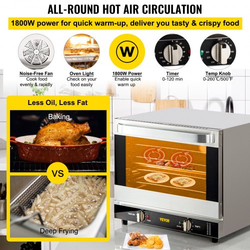 Commercial Convection Oven, Electric Countertop Tier Toaster, Stainless Steel Baking Oven w/ Trays, Wire Racks