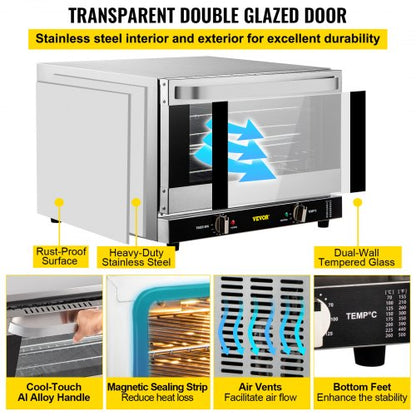 Commercial Convection Oven, Electric Countertop Tier Toaster, Stainless Steel Baking Oven w/ Trays, Wire Racks