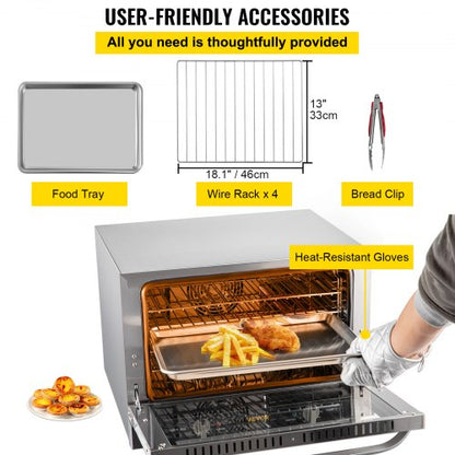 Commercial Convection Oven, Electric Countertop Tier Toaster, Stainless Steel Baking Oven w/ Trays, Wire Racks