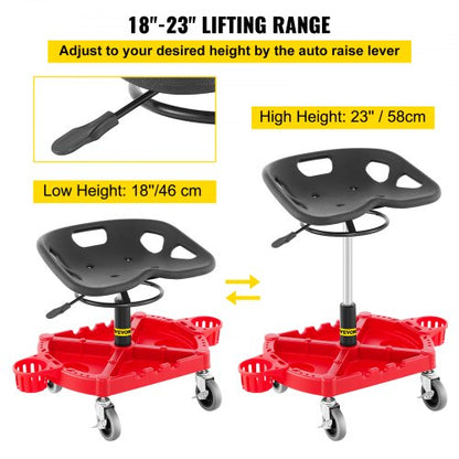 Rolling Garage Stool, Adjustable Shop Seat with 360-Degree Swivel Wheels, Tool Tray & Bottle Holders, Mechanic Stool