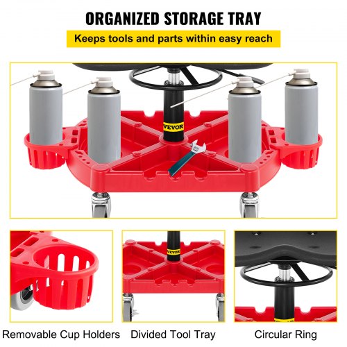 Rolling Garage Stool, Adjustable Shop Seat with 360-Degree Swivel Wheels, Tool Tray & Bottle Holders, Mechanic Stool