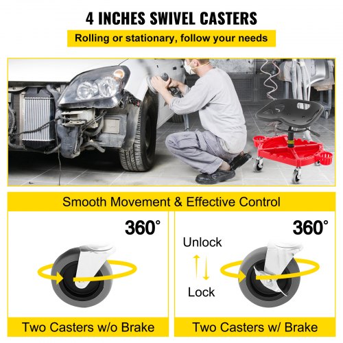 Rolling Garage Stool, Adjustable Shop Seat with 360-Degree Swivel Wheels, Tool Tray & Bottle Holders, Mechanic Stool