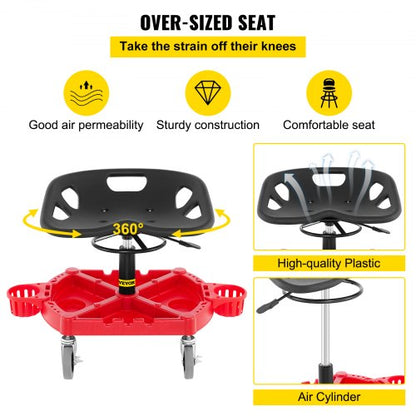 Rolling Garage Stool, Adjustable Shop Seat with 360-Degree Swivel Wheels, Tool Tray & Bottle Holders, Mechanic Stool