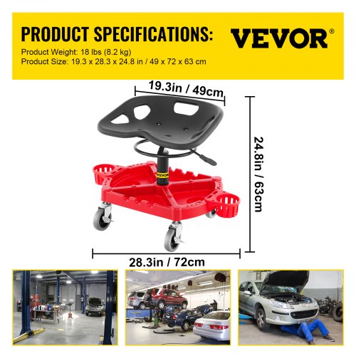 Rolling Garage Stool, Adjustable Shop Seat with 360-Degree Swivel Wheels, Tool Tray & Bottle Holders, Mechanic Stool