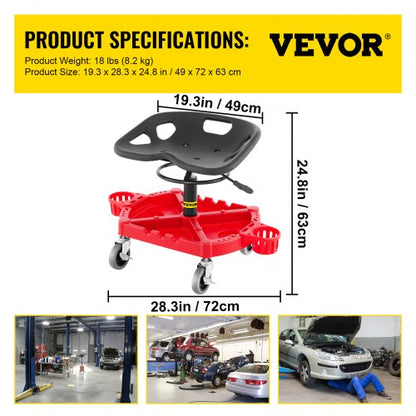 Rolling Garage Stool, Adjustable Shop Seat with 360-Degree Swivel Wheels, Tool Tray & Bottle Holders, Mechanic Stool