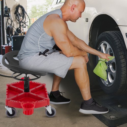 Rolling Garage Stool, Adjustable Shop Seat with 360-Degree Swivel Wheels, Tool Tray & Bottle Holders, Mechanic Stool