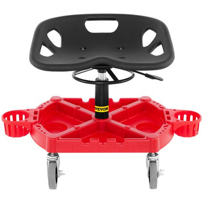 Rolling Garage Stool, Adjustable Shop Seat with 360-Degree Swivel Wheels, Tool Tray & Bottle Holders, Mechanic Stool