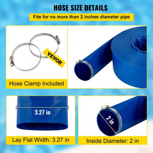 Heavy Duty PVC Fabric Lay Flat Discharge Hose, Weather-Proof Backwash Drain Hose with Clamps