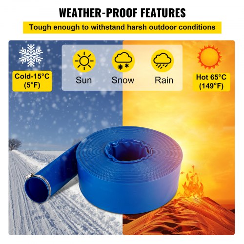 Heavy Duty PVC Fabric Lay Flat Discharge Hose, Weather-Proof Backwash Drain Hose with Clamps