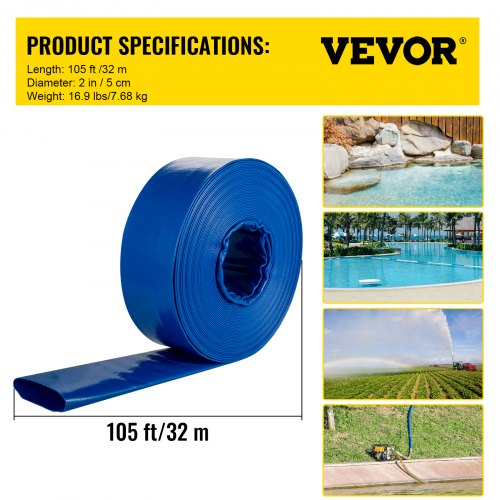 Heavy Duty PVC Fabric Lay Flat Discharge Hose, Weather-Proof Backwash Drain Hose with Clamps