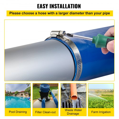 Heavy Duty PVC Lay Flat Discharge Hose, Weather-Proof, Burst-Proof Backwash Drain Hose with Clamps for Swimming Pool