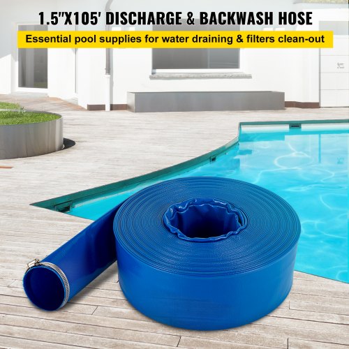 PVC Fabric Lay Flat Discharge Hose, Heavy Duty Blue Backwash Drain Hose with Clamps, Ideal for Swimming Pool
