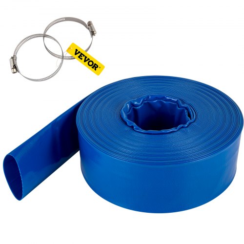 Heavy Duty PVC Lay Flat Discharge Hose, Weather-Proof, Burst-Proof Backwash Drain Hose with Clamps, Ideal for Pool