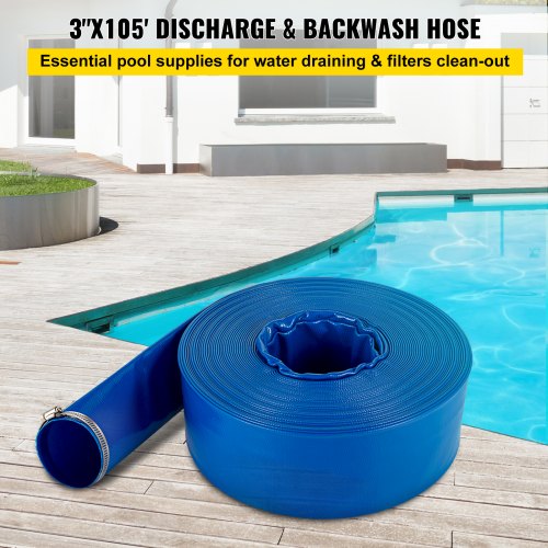 Heavy Duty PVC Lay Flat Discharge Hose, Weather-Proof, Burst-Proof Backwash Drain Hose with Clamps, Ideal for Pool
