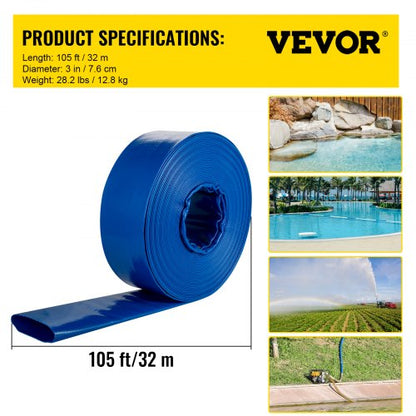 Heavy Duty PVC Lay Flat Discharge Hose, Weather-Proof, Burst-Proof Backwash Drain Hose with Clamps, Ideal for Pool