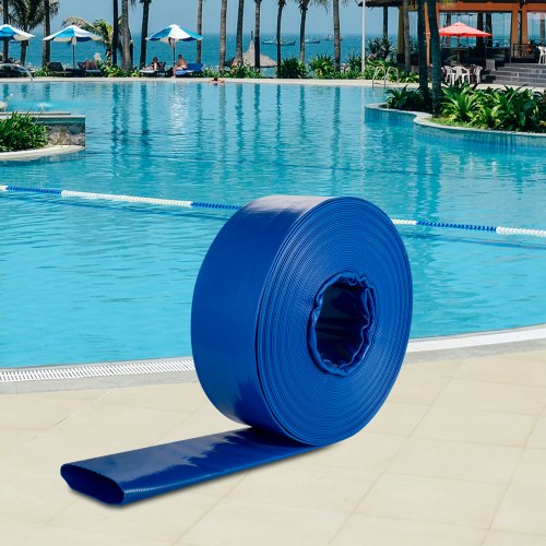 Heavy Duty PVC Lay Flat Discharge Hose, Weather-Proof, Burst-Proof Backwash Drain Hose with Clamps, Ideal for Pool