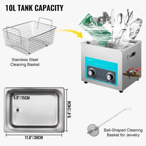 304 Stainless Steel Ultrasonic Cleaner 10L Capacity W Heater 2080C  Timer Ideal For Dentures Circui 5