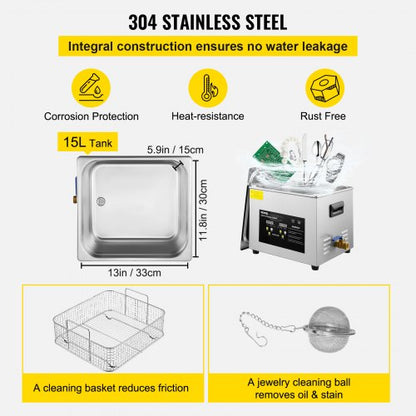 600W Ultrasonic Cleaner With Heater 15L Digital Professional Cleaning Machine For Jewelry Dental To 5