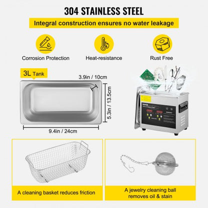 Upgraded 3L Ultrasonic Cleaner Digital Control 40KHz Frequency W Adjustable Heater 080C  Ideal For  5