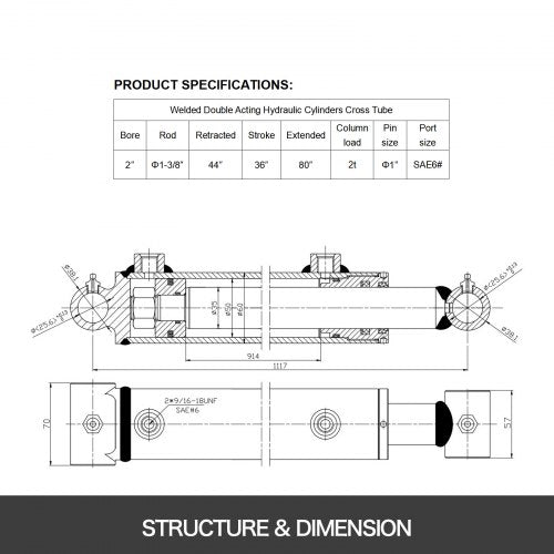 Stroke Hydraulic Ram Cylinder, Welded Double Acting PSI Hydraulic Cylinder with SAE6 Port & Cross Tube Mounts