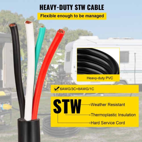 Heavy Duty Amp Generator Cord, Wire STW 6 Gauge, Bare Wire, Extension Power Cable with Grip