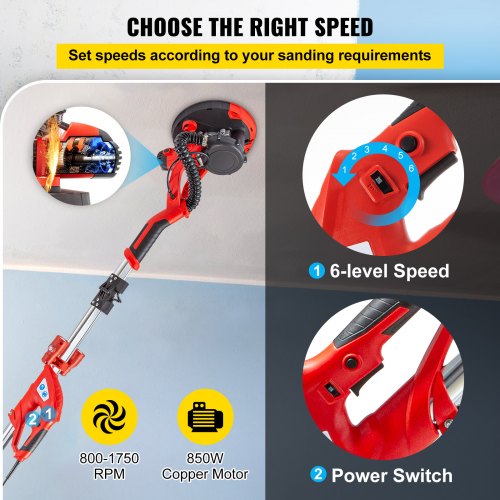 Electric Drywall Sander, Foldable Sheetrock Sander with Adjustable Handle, Speed Control, LED Light, Vacuum Bag