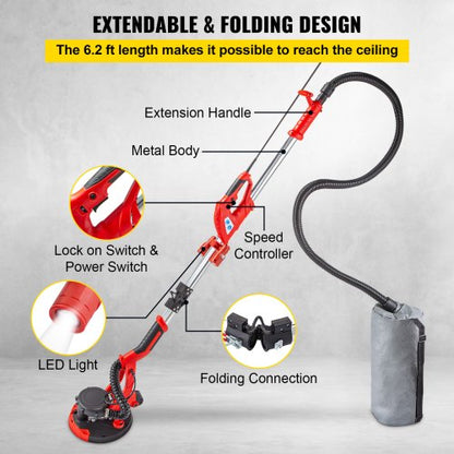 Electric Drywall Sander, Foldable Sheetrock Sander with Adjustable Handle, Speed Control, LED Light, Vacuum Bag