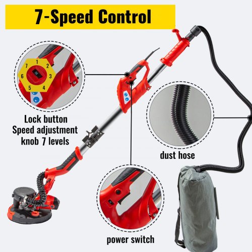 Electric Sander Variable Speed, Foldable Drywall Sander with Telescope Handle, Sanding Discs & Dust-Free Vacuum Bag