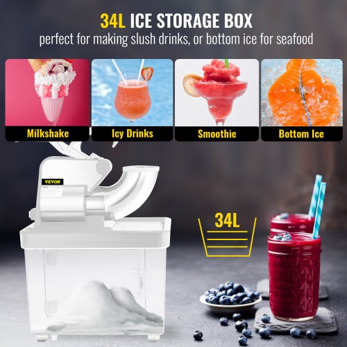 Commercial Ice Crusher, Electric Snow Cone Machine with Dual Blades, Stainless Steel Shaved Ice Machine for Restaurants