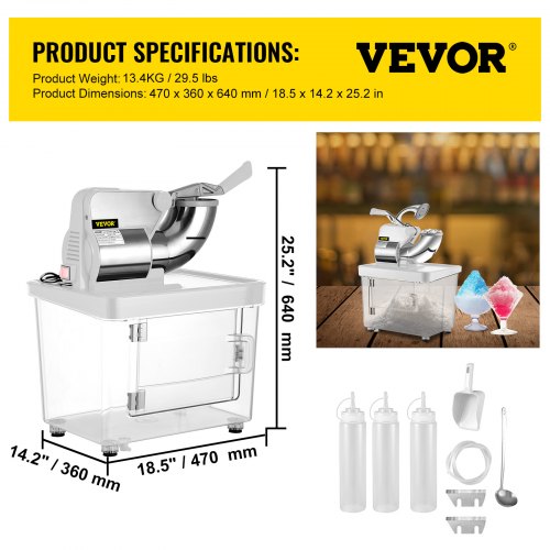 Commercial Ice Crusher, Electric Snow Cone Machine with Dual Blades, Stainless Steel Shaved Ice Machine for Restaurants