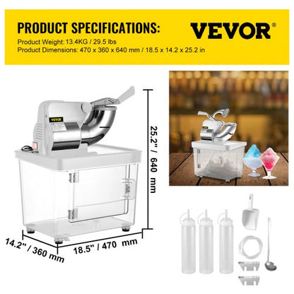 Commercial Ice Crusher, Electric Snow Cone Machine with Dual Blades, Stainless Steel Shaved Ice Machine for Restaurants