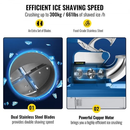 Commercial Ice Crusher, Electric Snow Cone Machine with Dual Blades & Stainless Steel Shaved Ice Storage for Restaurants