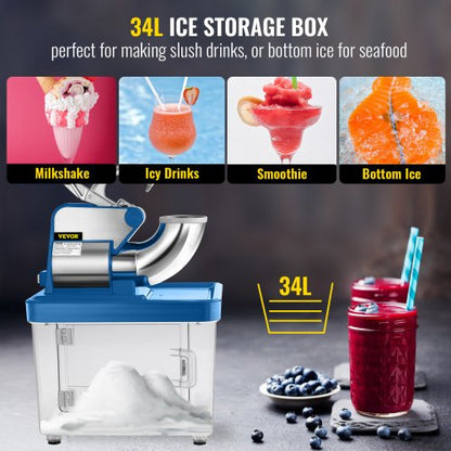Commercial Ice Crusher, Electric Snow Cone Machine with Dual Blades & Stainless Steel Shaved Ice Storage for Restaurants