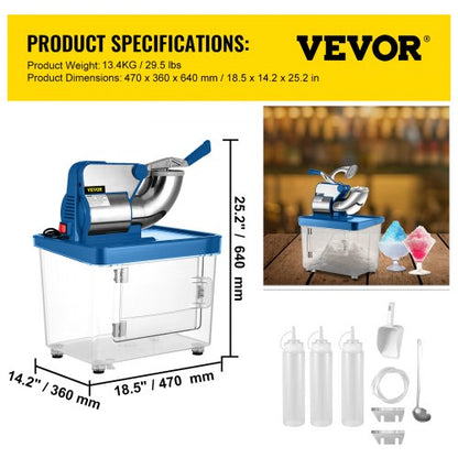 Commercial Ice Crusher, Electric Snow Cone Machine with Dual Blades & Stainless Steel Shaved Ice Storage for Restaurants