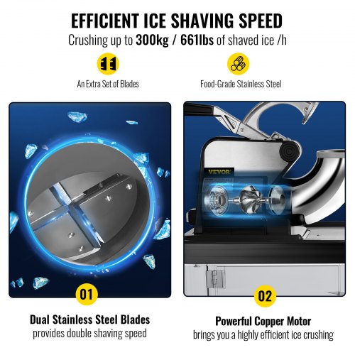 Stainless Steel Shaved Ice Machine, Commercial Snow Cone Maker with Dual Blades, Ice Crusher for Home, Bars & Food