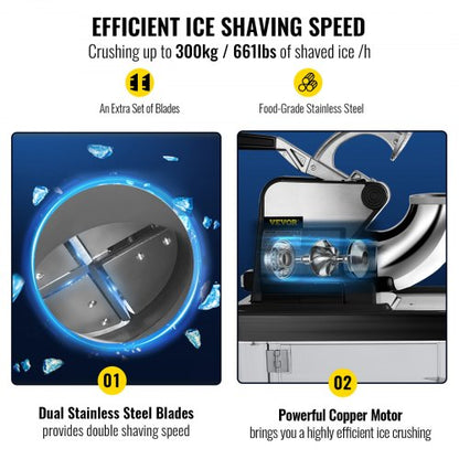 Stainless Steel Shaved Ice Machine, Commercial Snow Cone Maker with Dual Blades, Ice Crusher for Home, Bars & Food