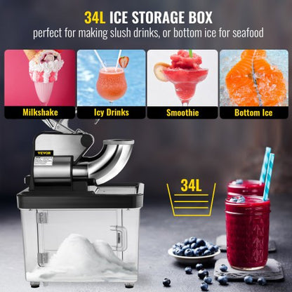 Stainless Steel Shaved Ice Machine, Commercial Snow Cone Maker with Dual Blades, Ice Crusher for Home, Bars & Food