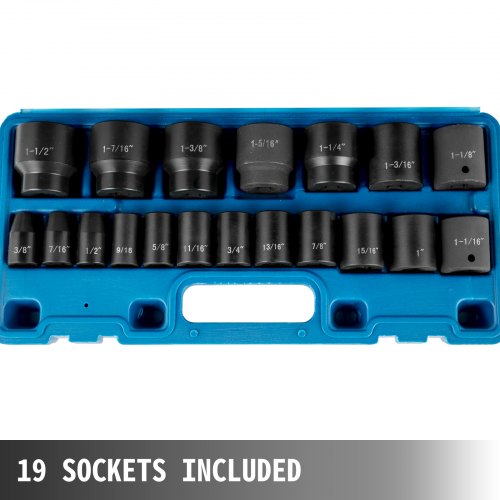 1/2" Drive Impact Socket Set, 19-Piece SAE 6-Point Hex Sockets (3/8" to 1-1/2"), Heavy-Duty Chrome Vanadium Alloy Steel