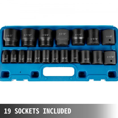 1/2" Drive Impact Socket Set, 19-Piece SAE 6-Point Hex Sockets (3/8" to 1-1/2"), Heavy-Duty Chrome Vanadium Alloy Steel